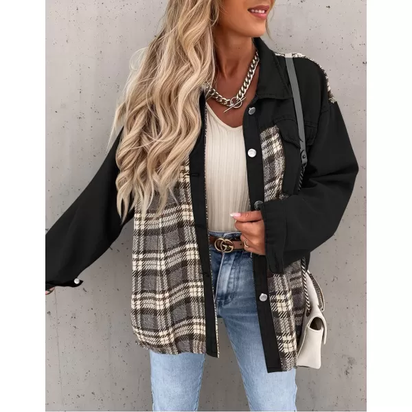 imageZESICA Womens Denim Jacket 2024 Fall Long Sleeve Plaid Button Down Lapel Collar Shacket with PocketBlack