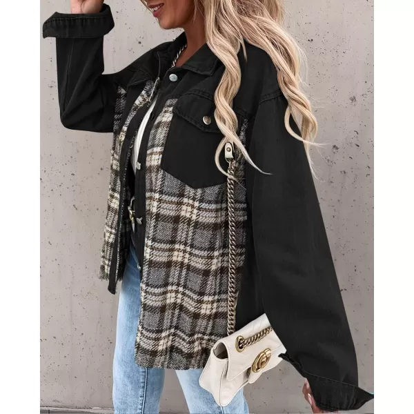 imageZESICA Womens Denim Jacket 2024 Fall Long Sleeve Plaid Button Down Lapel Collar Shacket with PocketBlack