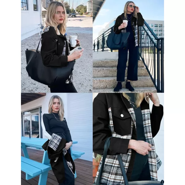imageZESICA Womens Denim Jacket 2024 Fall Long Sleeve Plaid Button Down Lapel Collar Shacket with PocketBlack