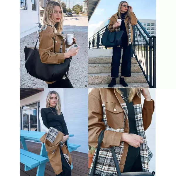 imageZESICA Womens Denim Jacket 2024 Fall Long Sleeve Plaid Button Down Lapel Collar Shacket with PocketCamel