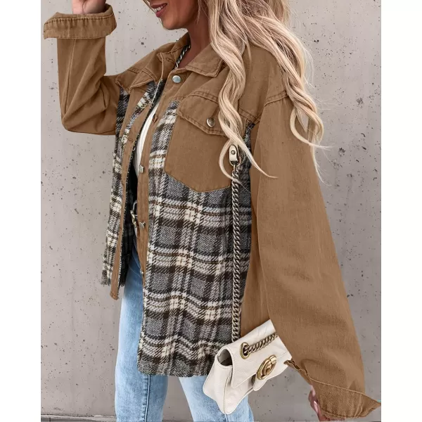 imageZESICA Womens Denim Jacket 2024 Fall Long Sleeve Plaid Button Down Lapel Collar Shacket with PocketCamel
