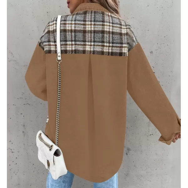 imageZESICA Womens Denim Jacket 2024 Fall Long Sleeve Plaid Button Down Lapel Collar Shacket with PocketCamel