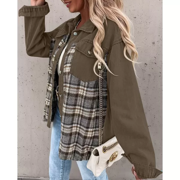 imageZESICA Womens Denim Jacket 2024 Fall Long Sleeve Plaid Button Down Lapel Collar Shacket with PocketDarkkhaki