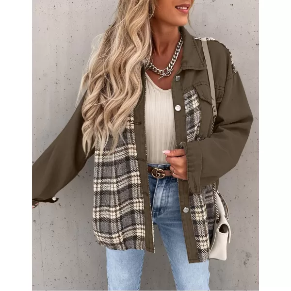 imageZESICA Womens Denim Jacket 2024 Fall Long Sleeve Plaid Button Down Lapel Collar Shacket with PocketDarkkhaki