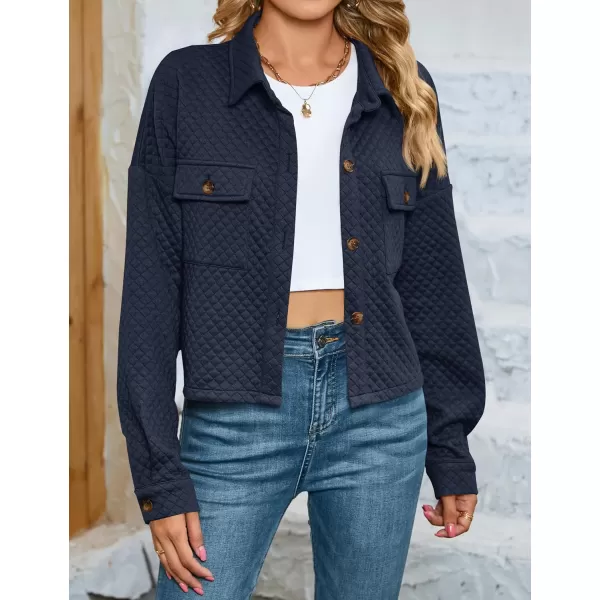 imageZESICA Womens Fall Casual Shacket Jackets 2024 Long Sleeve Button Down Lightweight Cropped Shirt Outerwear Coat with PocketsNavy