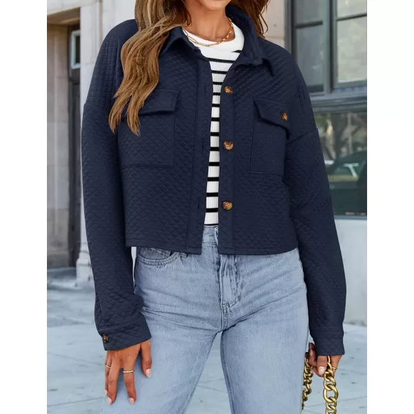 imageZESICA Womens Fall Casual Shacket Jackets 2024 Long Sleeve Button Down Lightweight Cropped Shirt Outerwear Coat with PocketsNavy