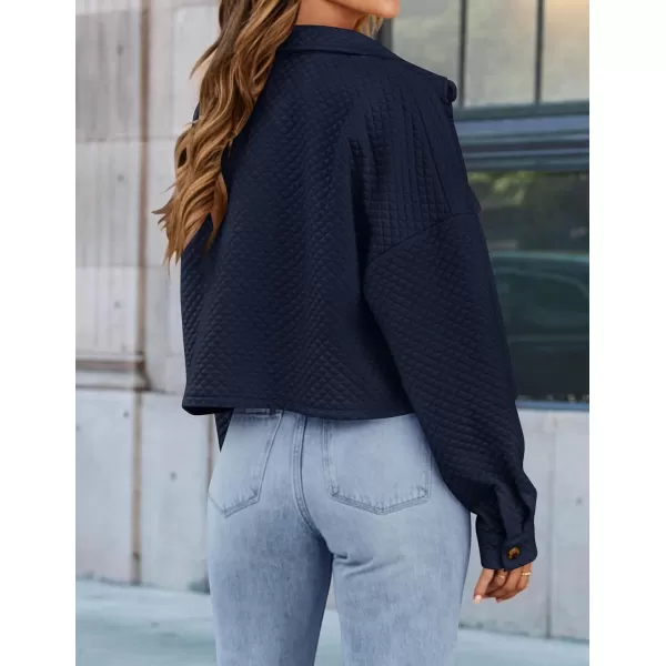 imageZESICA Womens Fall Casual Shacket Jackets 2024 Long Sleeve Button Down Lightweight Cropped Shirt Outerwear Coat with PocketsNavy