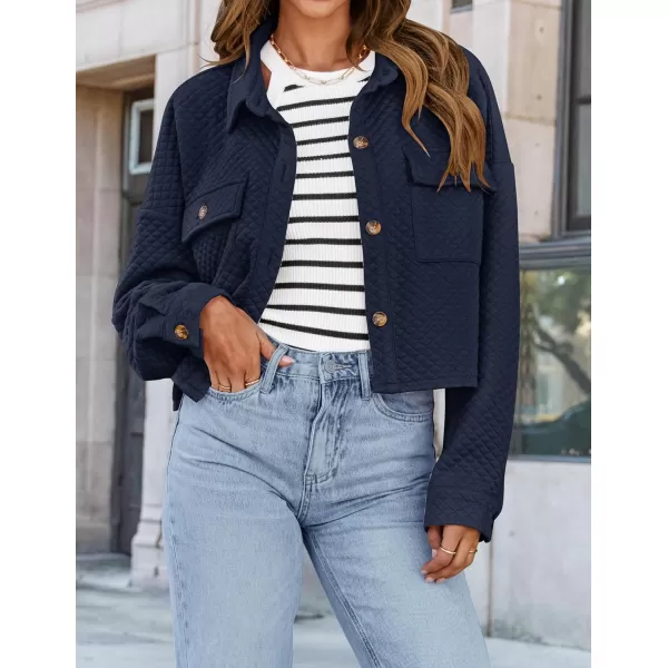 imageZESICA Womens Fall Casual Shacket Jackets 2024 Long Sleeve Button Down Lightweight Cropped Shirt Outerwear Coat with PocketsNavy