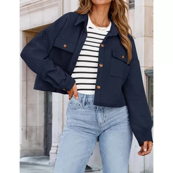 imageZESICA Womens Fall Casual Shacket Jackets 2024 Long Sleeve Button Down Lightweight Cropped Shirt Outerwear Coat with PocketsNavy