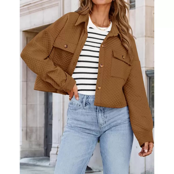 imageZESICA Womens Fall Casual Shacket Jackets 2024 Long Sleeve Button Down Lightweight Cropped Shirt Outerwear Coat with PocketsTan