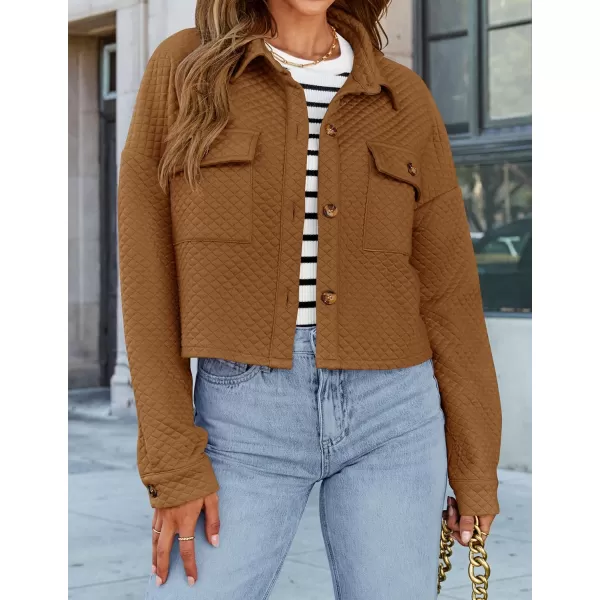 imageZESICA Womens Fall Casual Shacket Jackets 2024 Long Sleeve Button Down Lightweight Cropped Shirt Outerwear Coat with PocketsTan