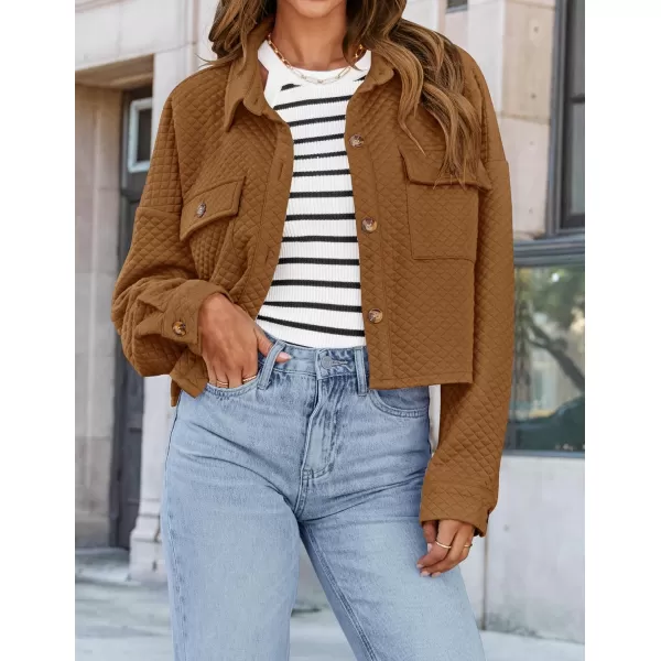 imageZESICA Womens Fall Casual Shacket Jackets 2024 Long Sleeve Button Down Lightweight Cropped Shirt Outerwear Coat with PocketsTan