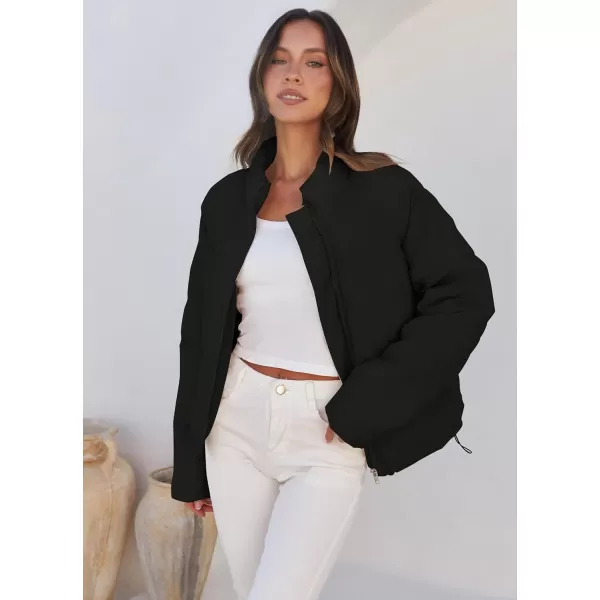 imageZESICA Womens Long Sleeve Cropped Puffer Jacket Winter Zipper Quilted Baggy Warm Short Down Coat Outwear with PocketsBlack