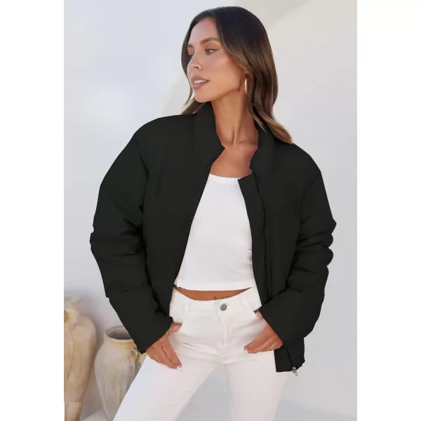 imageZESICA Womens Long Sleeve Cropped Puffer Jacket Winter Zipper Quilted Baggy Warm Short Down Coat Outwear with PocketsBlack