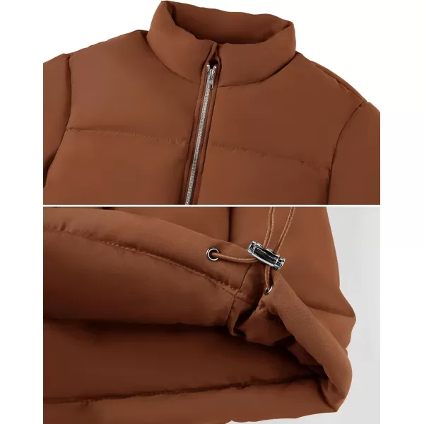 imageZESICA Womens Long Sleeve Cropped Puffer Jacket Winter Zipper Quilted Baggy Warm Short Down Coat Outwear with PocketsCaramel