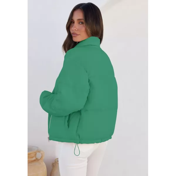 imageZESICA Womens Long Sleeve Cropped Puffer Jacket Winter Zipper Quilted Baggy Warm Short Down Coat Outwear with PocketsGreen
