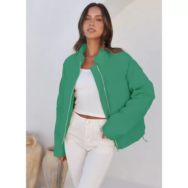 imageZESICA Womens Long Sleeve Cropped Puffer Jacket Winter Zipper Quilted Baggy Warm Short Down Coat Outwear with PocketsGreen
