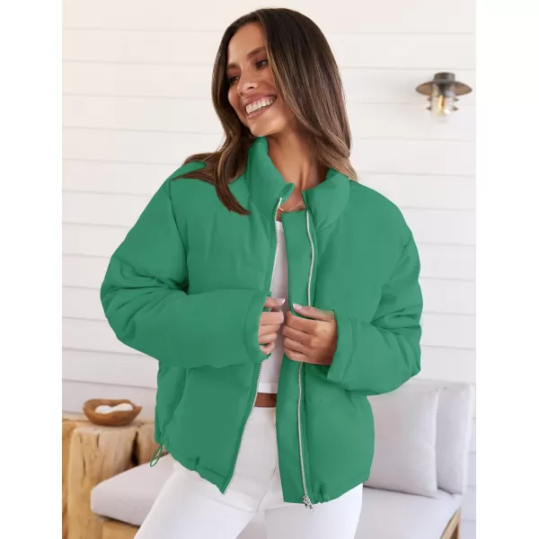 imageZESICA Womens Long Sleeve Cropped Puffer Jacket Winter Zipper Quilted Baggy Warm Short Down Coat Outwear with PocketsGreen