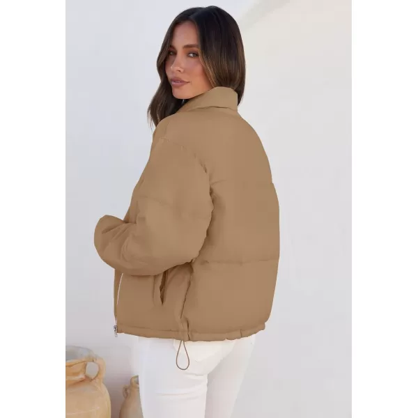 imageZESICA Womens Long Sleeve Cropped Puffer Jacket Winter Zipper Quilted Baggy Warm Short Down Coat Outwear with PocketsKhaki