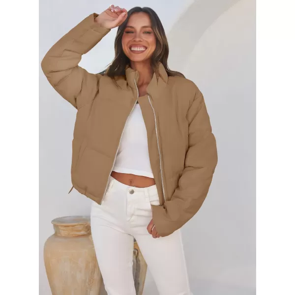 imageZESICA Womens Long Sleeve Cropped Puffer Jacket Winter Zipper Quilted Baggy Warm Short Down Coat Outwear with PocketsKhaki
