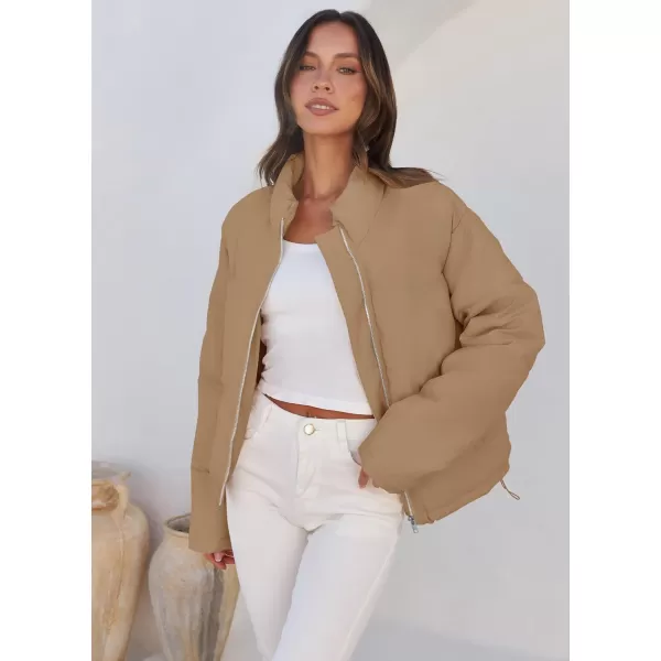 imageZESICA Womens Long Sleeve Cropped Puffer Jacket Winter Zipper Quilted Baggy Warm Short Down Coat Outwear with PocketsKhaki