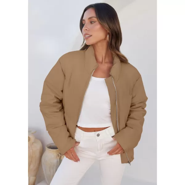 imageZESICA Womens Long Sleeve Cropped Puffer Jacket Winter Zipper Quilted Baggy Warm Short Down Coat Outwear with PocketsKhaki