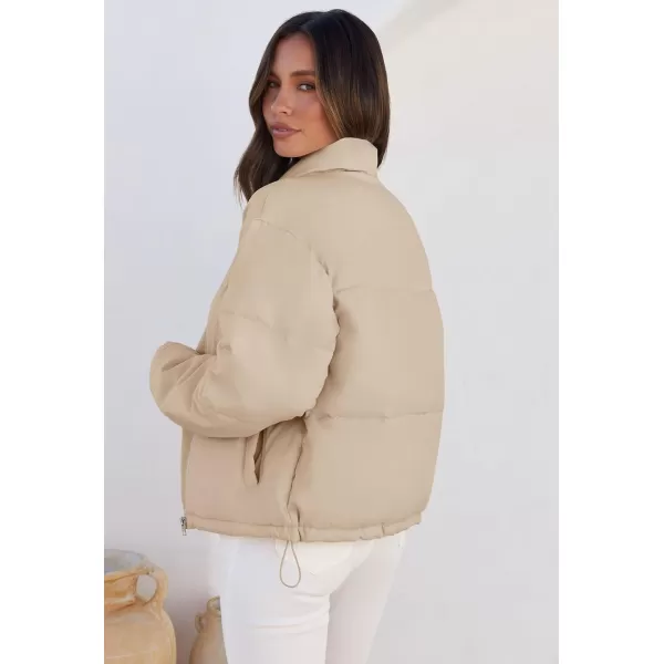 imageZESICA Womens Long Sleeve Cropped Puffer Jacket Winter Zipper Quilted Baggy Warm Short Down Coat Outwear with PocketsLightkhaki