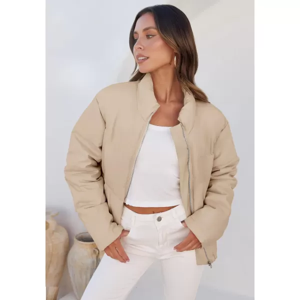 imageZESICA Womens Long Sleeve Cropped Puffer Jacket Winter Zipper Quilted Baggy Warm Short Down Coat Outwear with PocketsLightkhaki