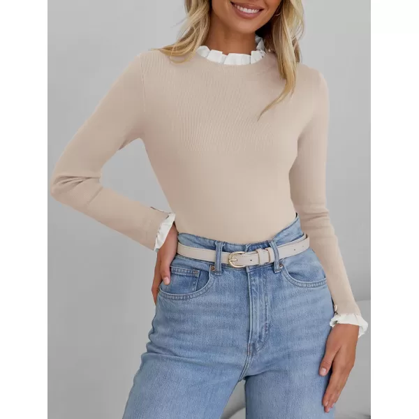 imageZESICA Womens Long Sleeve Ruffle Sweaters 2024 Fall Crewneck Color Block Slim Fit Basic Casual Knit Pullover Sweater TopsAlmond