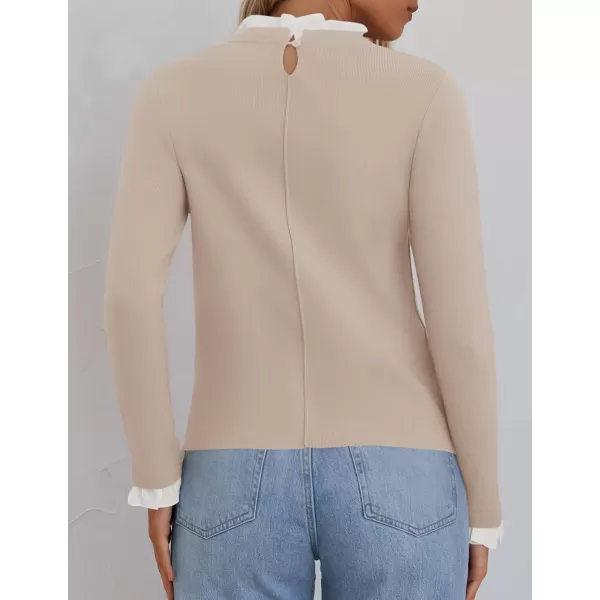 imageZESICA Womens Long Sleeve Ruffle Sweaters 2024 Fall Crewneck Color Block Slim Fit Basic Casual Knit Pullover Sweater TopsAlmond