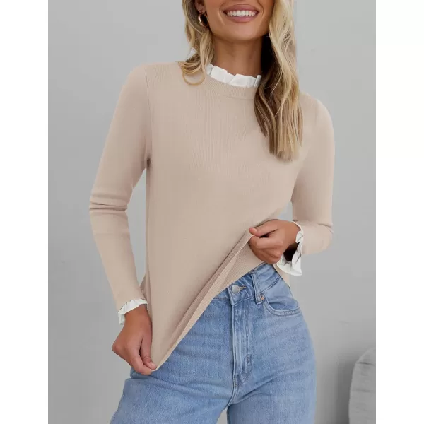 imageZESICA Womens Long Sleeve Ruffle Sweaters 2024 Fall Crewneck Color Block Slim Fit Basic Casual Knit Pullover Sweater TopsAlmond