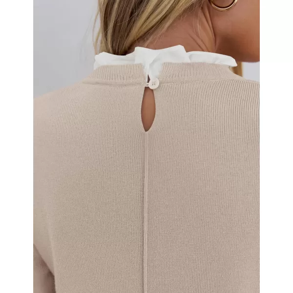 imageZESICA Womens Long Sleeve Ruffle Sweaters 2024 Fall Crewneck Color Block Slim Fit Basic Casual Knit Pullover Sweater TopsAlmond