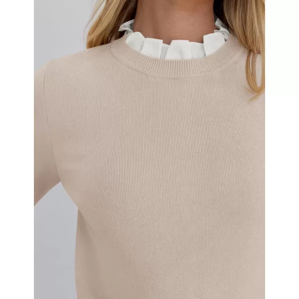 imageZESICA Womens Long Sleeve Ruffle Sweaters 2024 Fall Crewneck Color Block Slim Fit Basic Casual Knit Pullover Sweater TopsAlmond