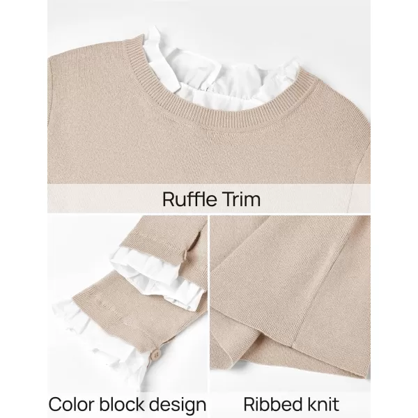 imageZESICA Womens Long Sleeve Ruffle Sweaters 2024 Fall Crewneck Color Block Slim Fit Basic Casual Knit Pullover Sweater TopsAlmond
