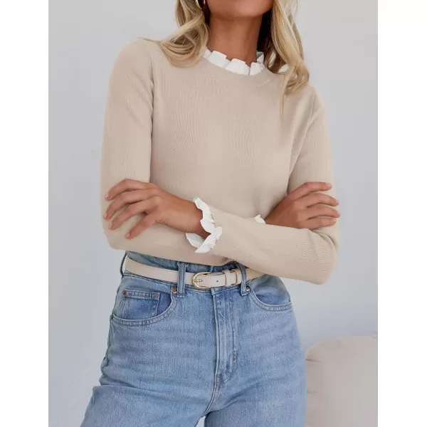 imageZESICA Womens Long Sleeve Ruffle Sweaters 2024 Fall Crewneck Color Block Slim Fit Basic Casual Knit Pullover Sweater TopsAlmond