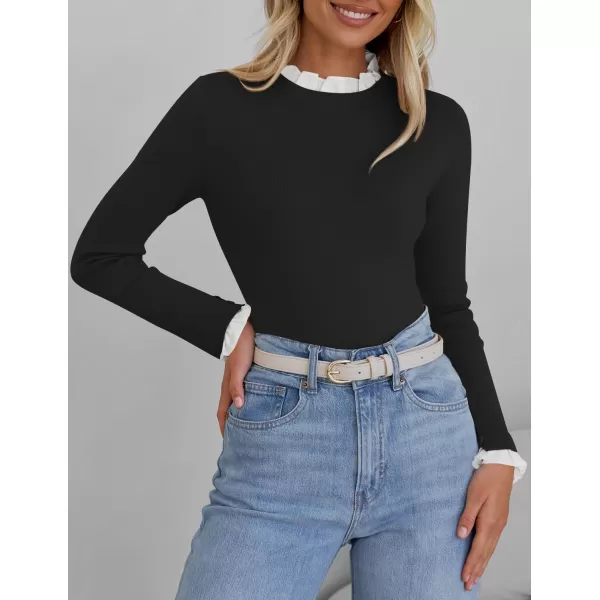 imageZESICA Womens Long Sleeve Ruffle Sweaters 2024 Fall Crewneck Color Block Slim Fit Basic Casual Knit Pullover Sweater TopsBlack
