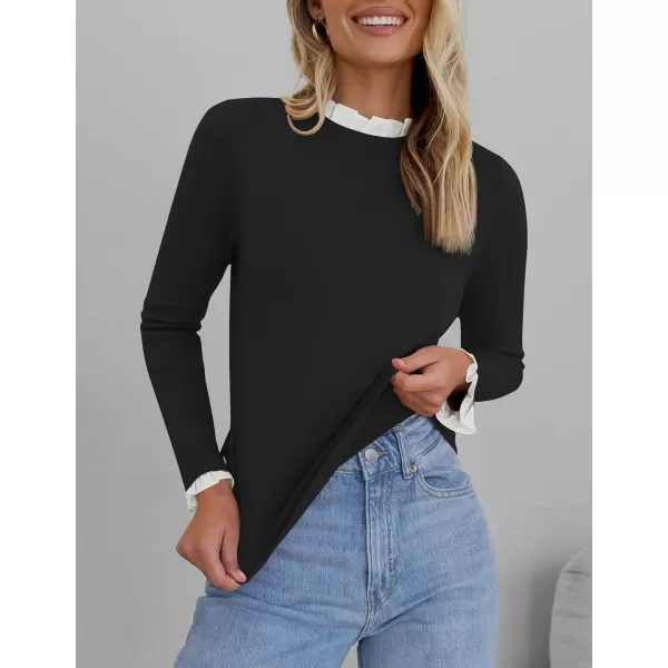 imageZESICA Womens Long Sleeve Ruffle Sweaters 2024 Fall Crewneck Color Block Slim Fit Basic Casual Knit Pullover Sweater TopsBlack