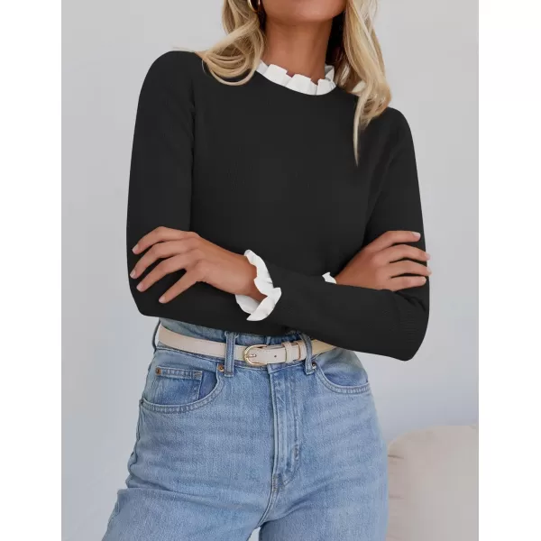 imageZESICA Womens Long Sleeve Ruffle Sweaters 2024 Fall Crewneck Color Block Slim Fit Basic Casual Knit Pullover Sweater TopsBlack