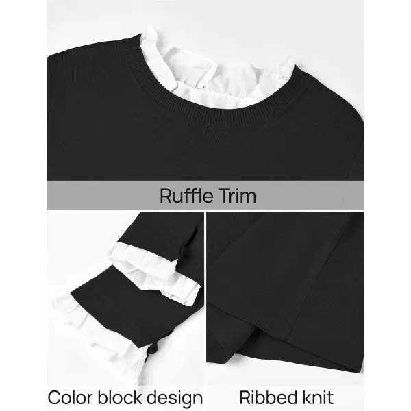 imageZESICA Womens Long Sleeve Ruffle Sweaters 2024 Fall Crewneck Color Block Slim Fit Basic Casual Knit Pullover Sweater TopsBlack