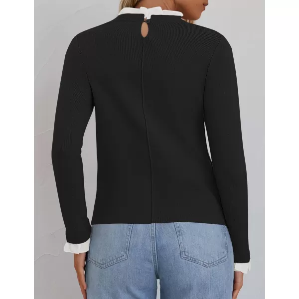 imageZESICA Womens Long Sleeve Ruffle Sweaters 2024 Fall Crewneck Color Block Slim Fit Basic Casual Knit Pullover Sweater TopsBlack