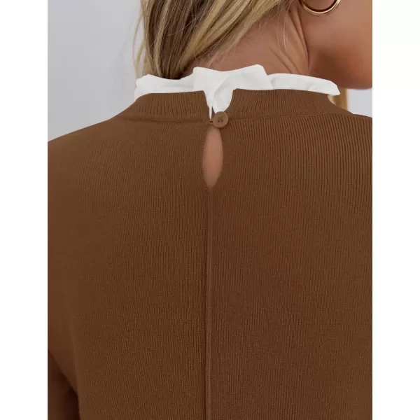 imageZESICA Womens Long Sleeve Ruffle Sweaters 2024 Fall Crewneck Color Block Slim Fit Basic Casual Knit Pullover Sweater TopsBrown