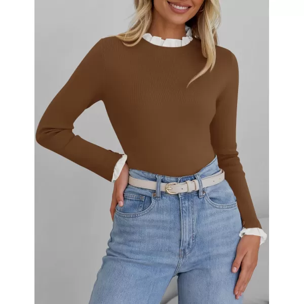 imageZESICA Womens Long Sleeve Ruffle Sweaters 2024 Fall Crewneck Color Block Slim Fit Basic Casual Knit Pullover Sweater TopsBrown