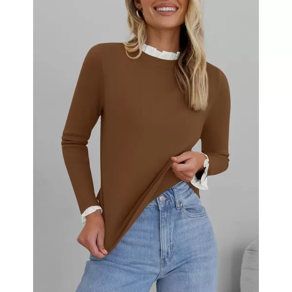 imageZESICA Womens Long Sleeve Ruffle Sweaters 2024 Fall Crewneck Color Block Slim Fit Basic Casual Knit Pullover Sweater TopsBrown