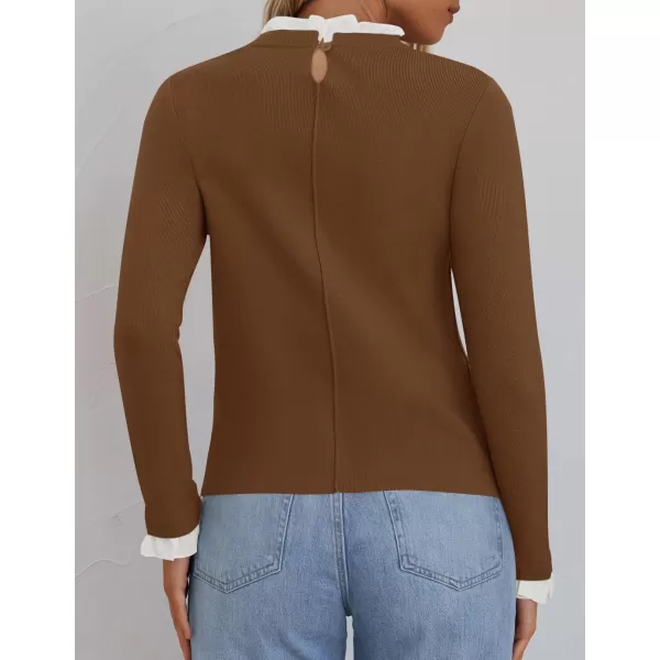 imageZESICA Womens Long Sleeve Ruffle Sweaters 2024 Fall Crewneck Color Block Slim Fit Basic Casual Knit Pullover Sweater TopsBrown