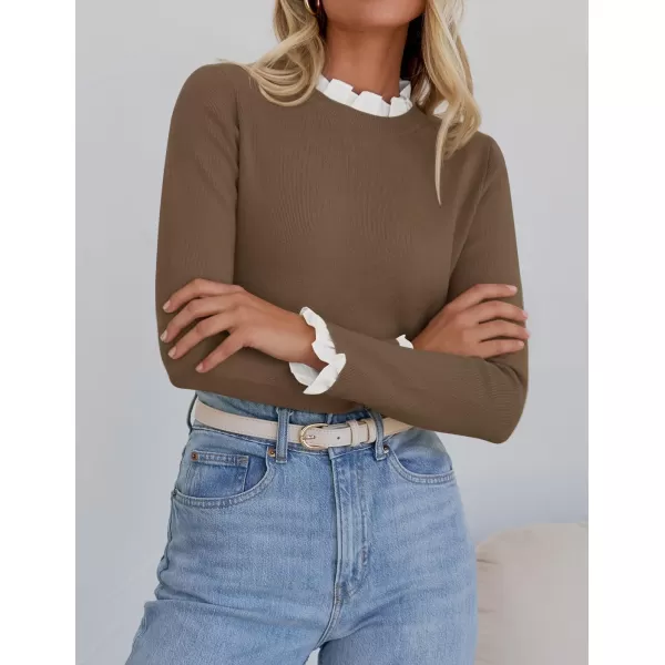 imageZESICA Womens Long Sleeve Ruffle Sweaters 2024 Fall Crewneck Color Block Slim Fit Basic Casual Knit Pullover Sweater TopsCamel