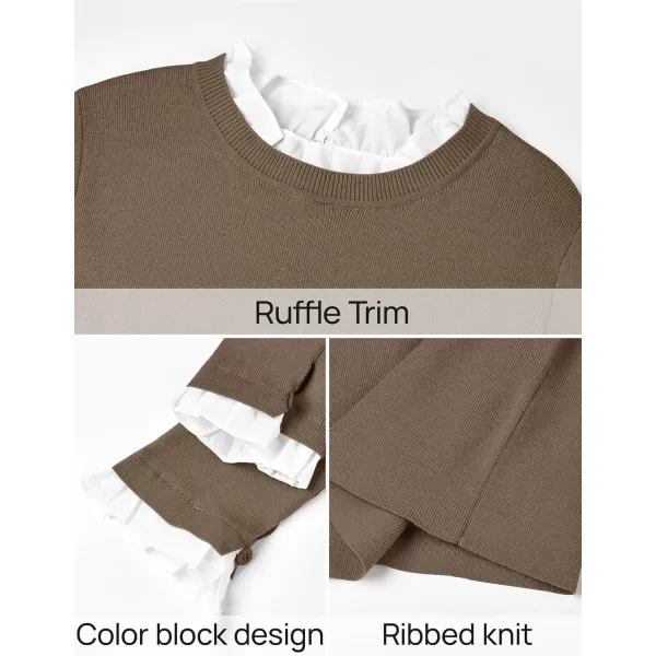 imageZESICA Womens Long Sleeve Ruffle Sweaters 2024 Fall Crewneck Color Block Slim Fit Basic Casual Knit Pullover Sweater TopsCamel