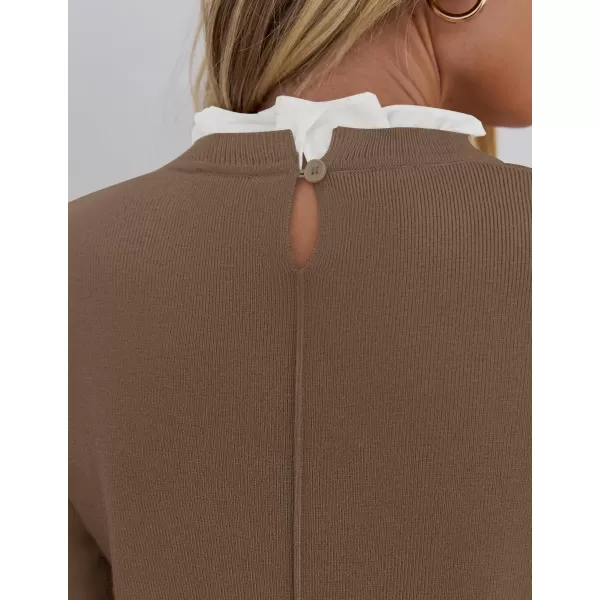 imageZESICA Womens Long Sleeve Ruffle Sweaters 2024 Fall Crewneck Color Block Slim Fit Basic Casual Knit Pullover Sweater TopsCamel