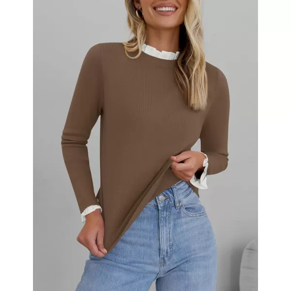 imageZESICA Womens Long Sleeve Ruffle Sweaters 2024 Fall Crewneck Color Block Slim Fit Basic Casual Knit Pullover Sweater TopsCamel