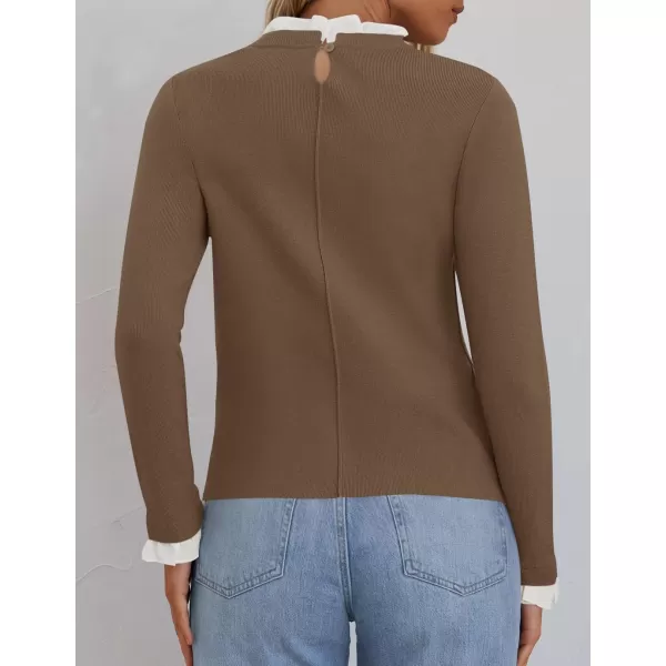 imageZESICA Womens Long Sleeve Ruffle Sweaters 2024 Fall Crewneck Color Block Slim Fit Basic Casual Knit Pullover Sweater TopsCamel