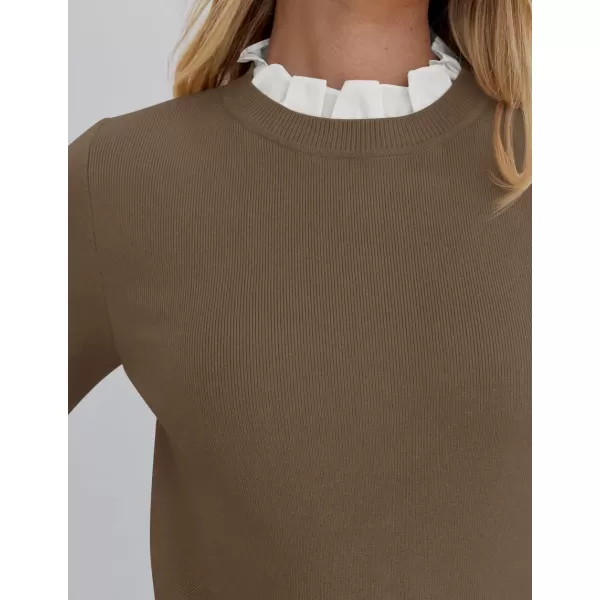 imageZESICA Womens Long Sleeve Ruffle Sweaters 2024 Fall Crewneck Color Block Slim Fit Basic Casual Knit Pullover Sweater TopsCamel